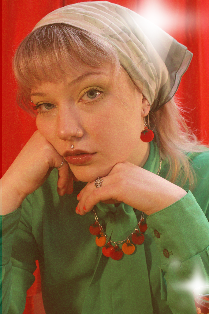 Model wearing Red acrylic tomato charms on stainless steel earwires with matching necklace