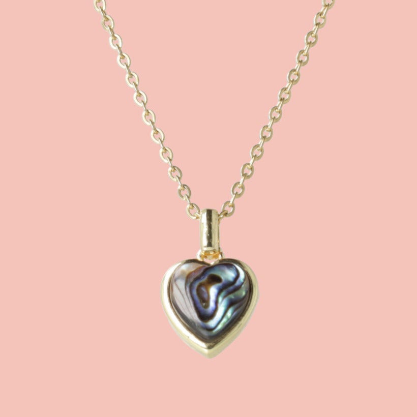 Gold plated stainless steel chain with a heart shaped abalone pendant
