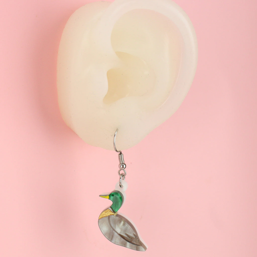 Ear wearing Mallard duck charms on stainless steel earwires