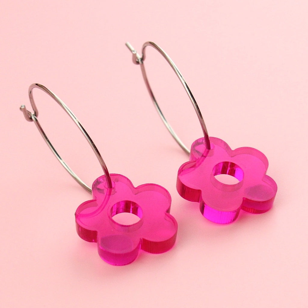 Hot pink transparent pink perspex acrylic flower charms on stainless steel hoops
