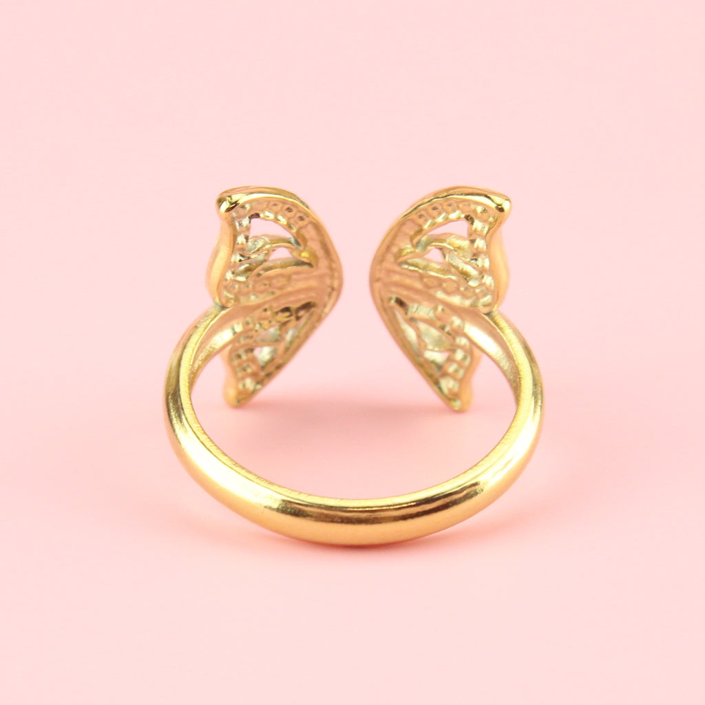 Gold plated stainless steel ring with butterfly rings at the front