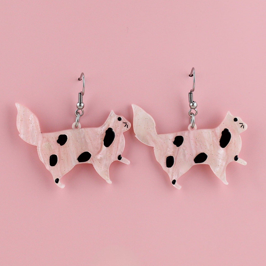 3D cat resin charms with pink glitter and black splodges on stainless steel earwires