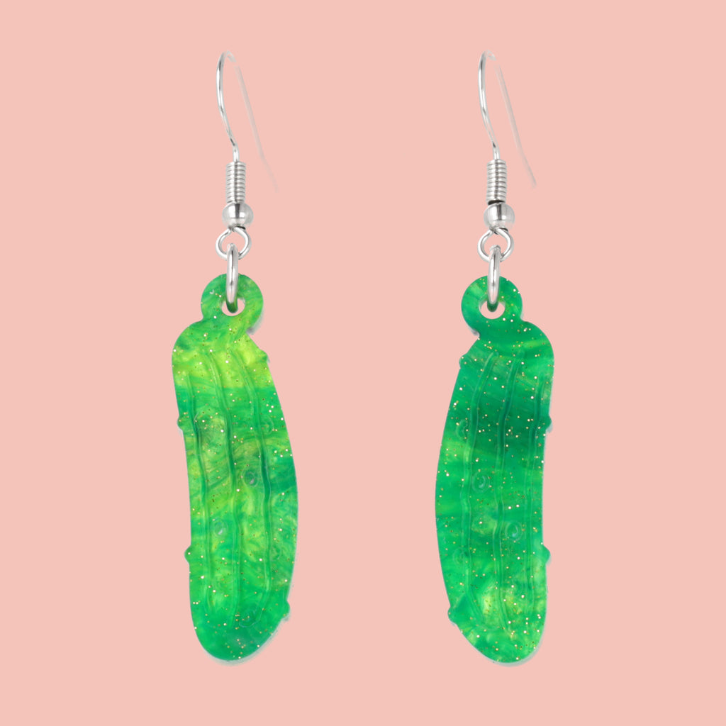 Green acrylic dill pickle charms on stainless steel earwires