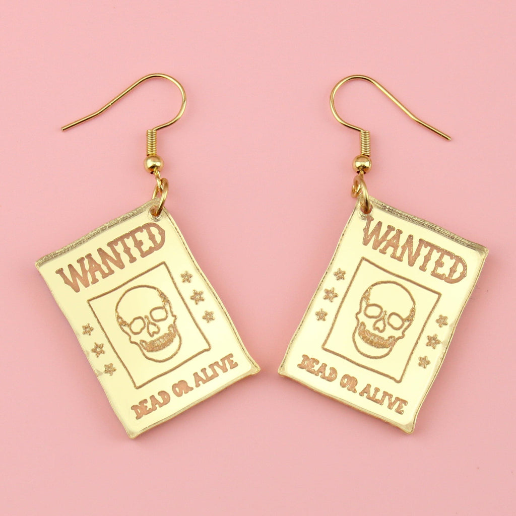 Gold mirror acrylic "Wanted Dead or Alive" charms on gold plated stainless steel earwires