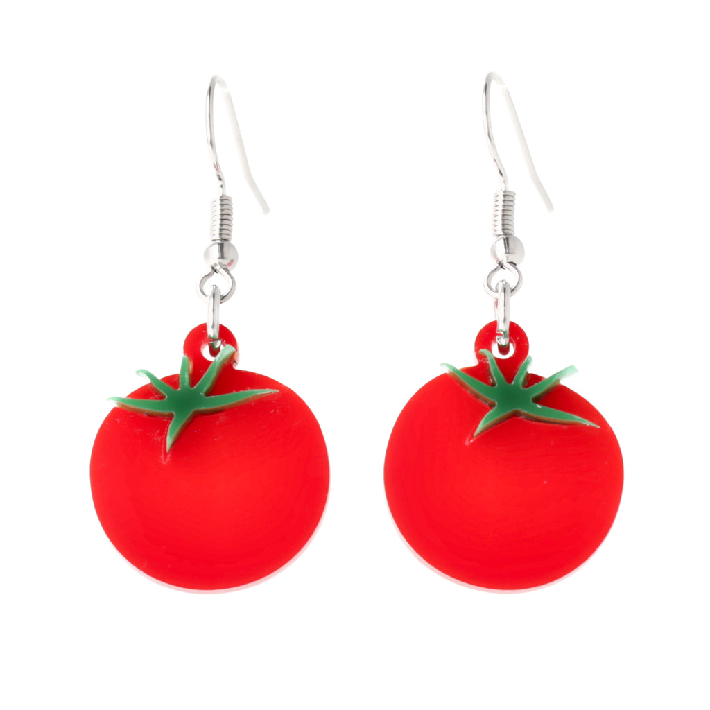 Red acrylic tomato charms on stainless steel earwires