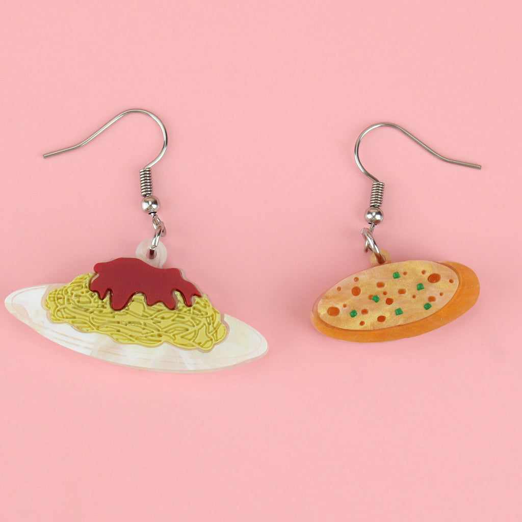 acrylic charms that feature a delicious plate of spag bol and garlic bread on stainless steel earwires