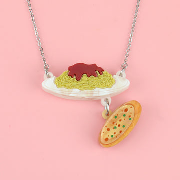 Spaghetti bolognese and garlic bread pendants on a stainless steel chain