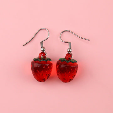 Red clear strawberry charms on stainless steel earwires