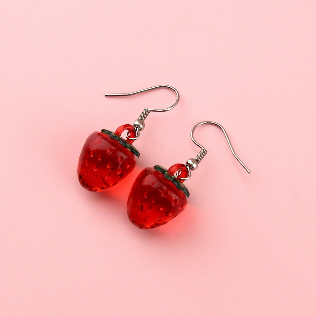Red clear strawberry charms on stainless steel earwires
