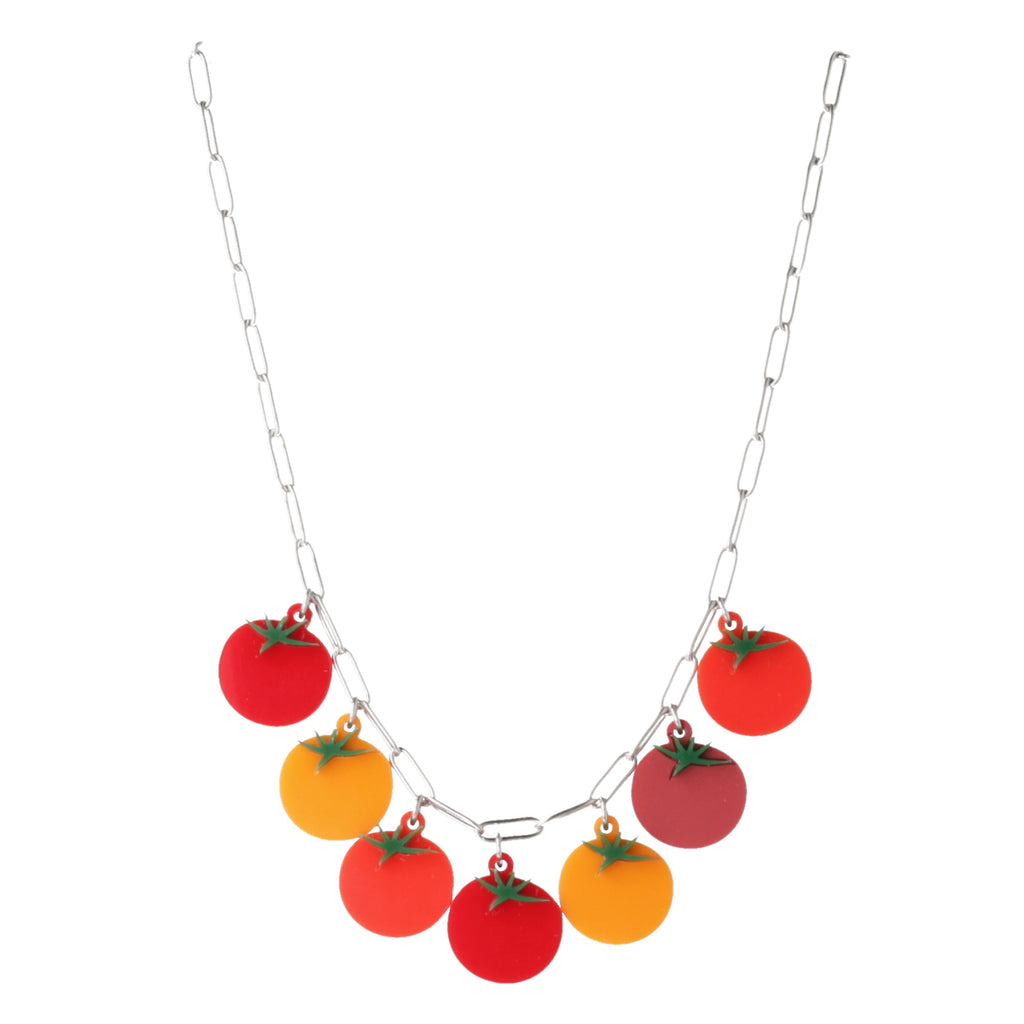 stainless steel oval link necklace featuring seven red and orange tomato pendants