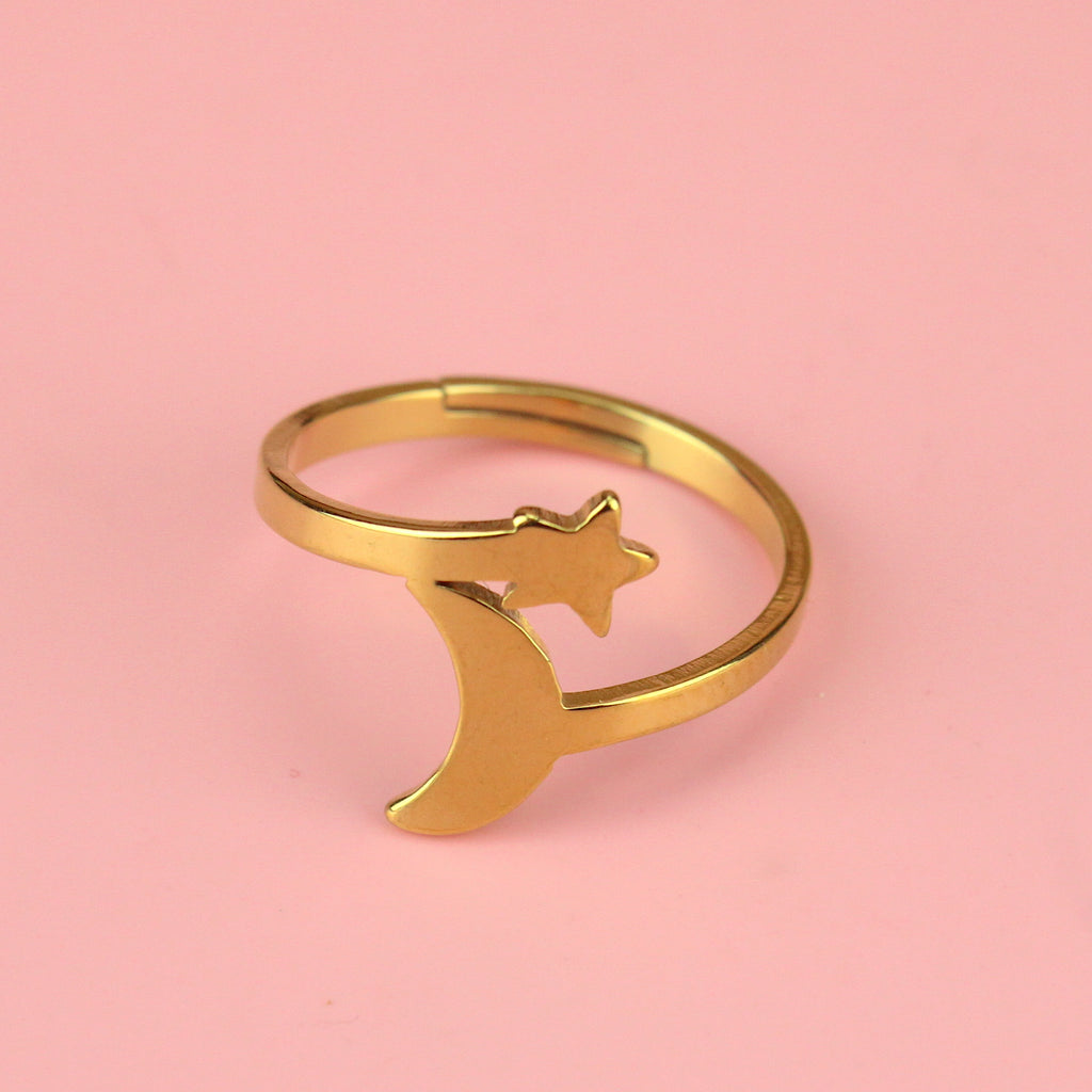 gold plated stainless steel loop dee loop style ring featuring a star at the top and crescent moon at the bottom