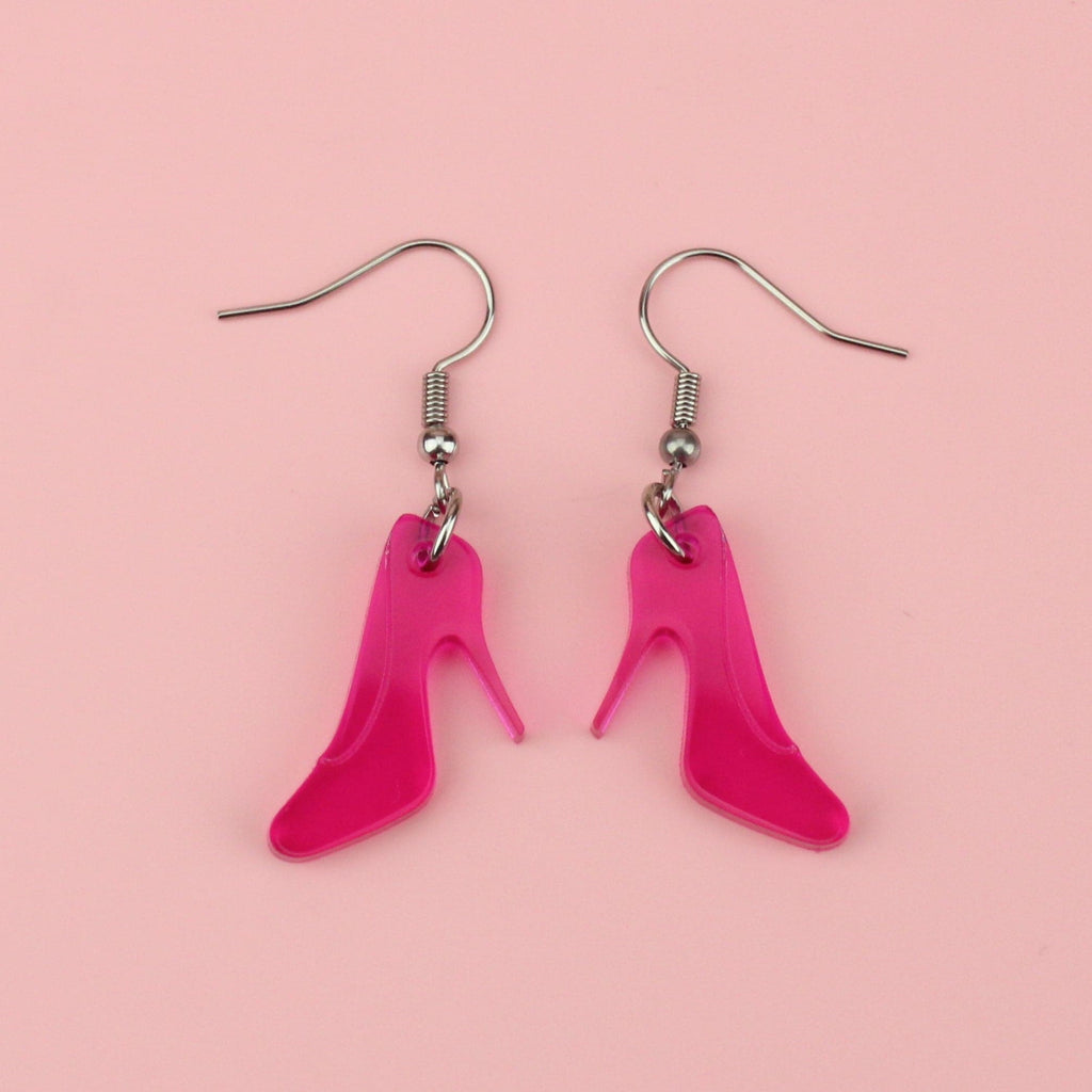 Transparent pink perspex heel-shaped charms on stainless steel earwires