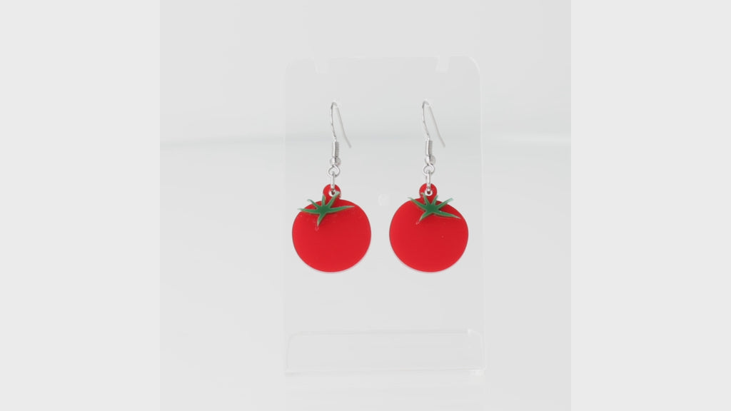 360 view of Red acrylic tomato charms on stainless steel earwires