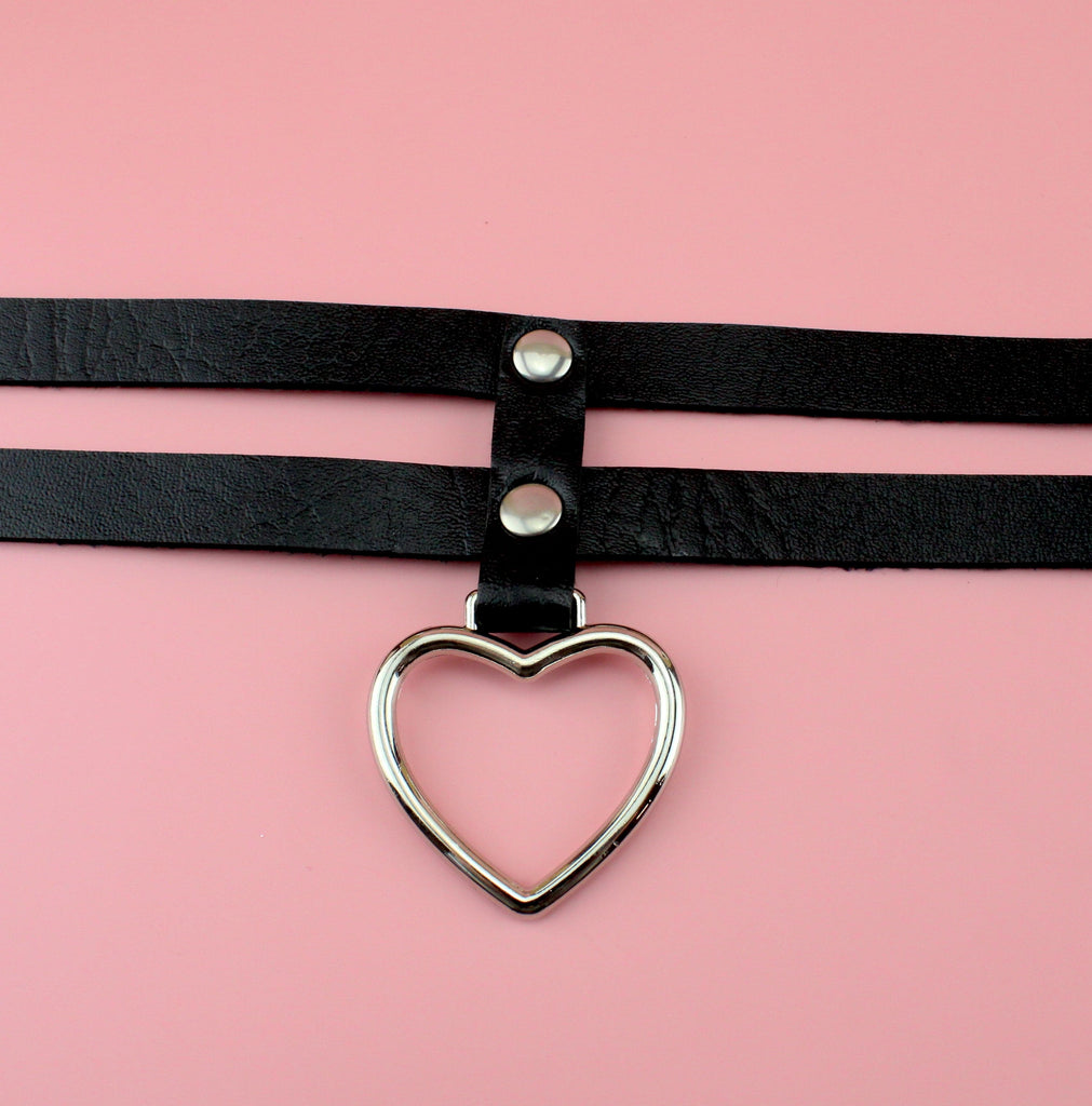 Black pleather heart choker with a double strap and heart pendant