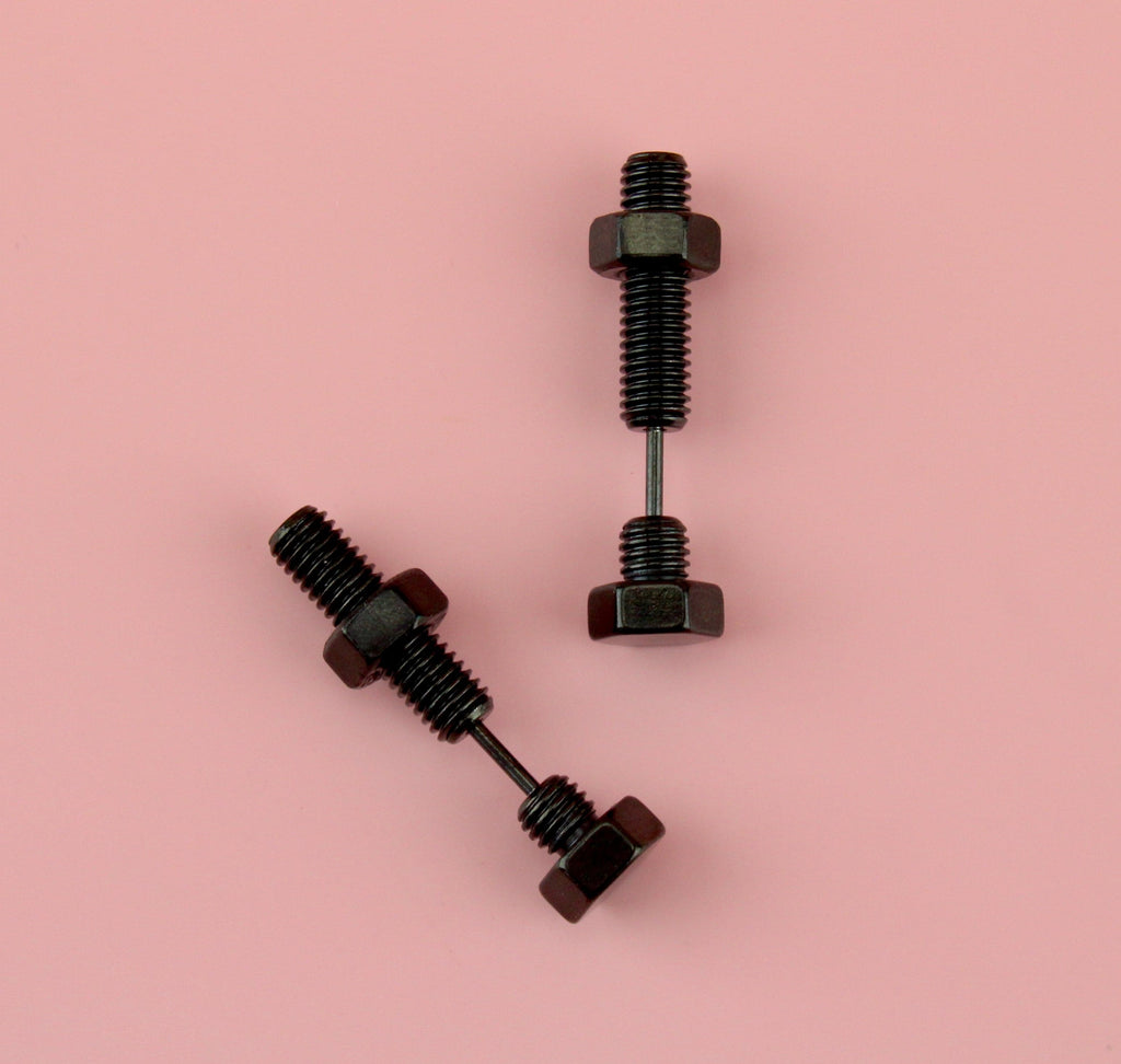 Black Titanium earrings with a screw on bolt design