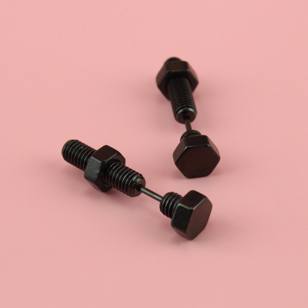 Black Titanium earrings with a screw on bolt design