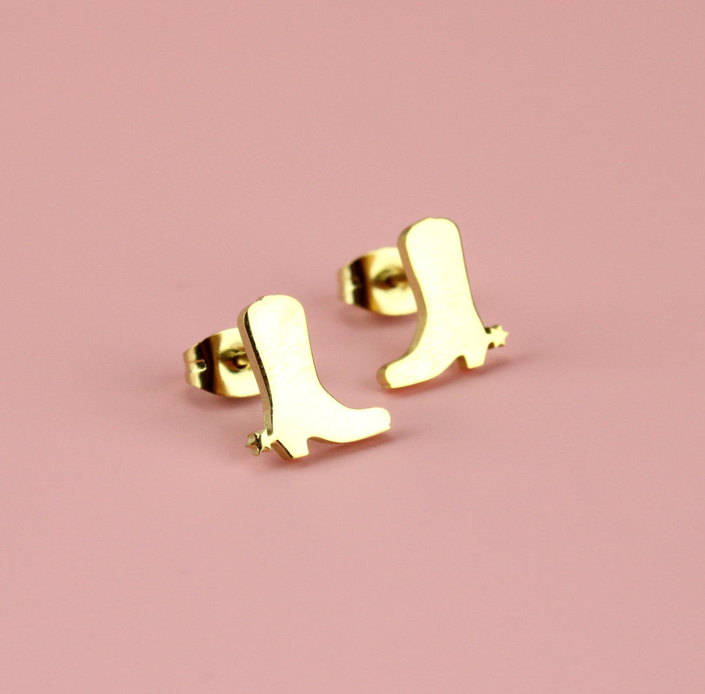 Gold Plated Stainless Steel Cowboy Boot Shaped Stud Earrings featuring stars on the inside of each boot with stud backs