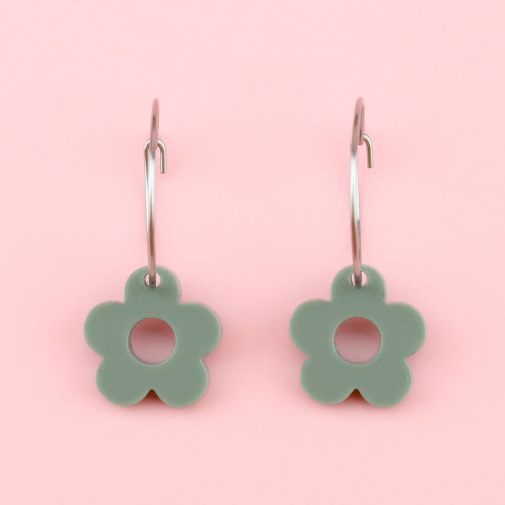 Sage green acrylic flower charms on stainless steel hoops