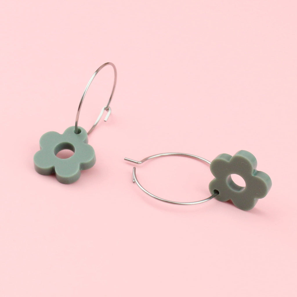 Sage green acrylic flower charms on stainless steel hoops
