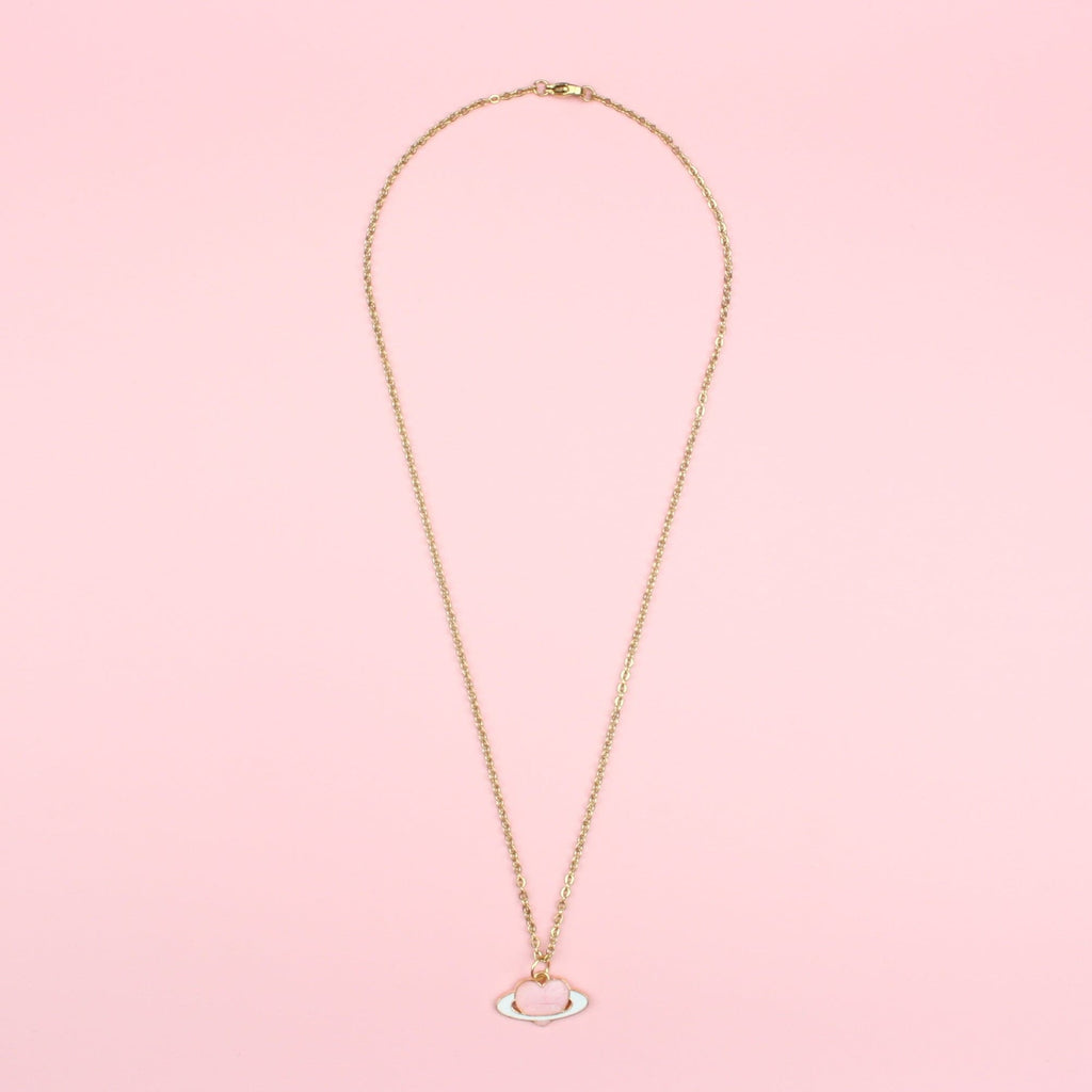 Gold plated & enamel pink heart planet charm on a Gold Plated Stainless Steel chain