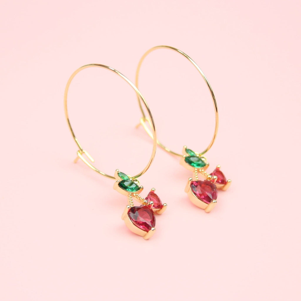 Gold plated stainless steel hoops with glasscherry charms