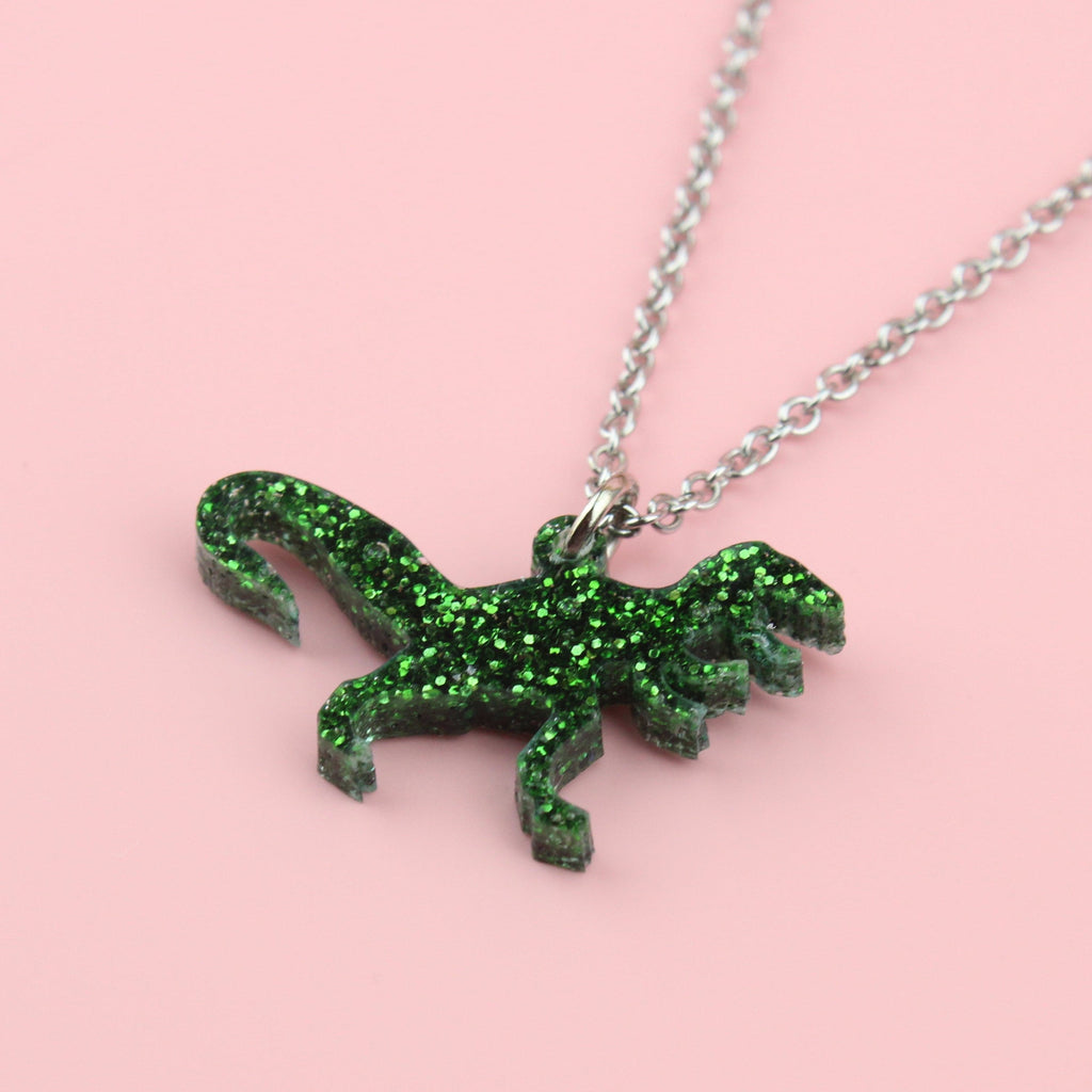 Glitter green Perspex T-Rex Charm on a Stainless Steel Chain