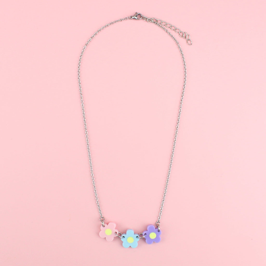 Necklace with Three Flowers in Pink, Blue, Purple all with a yellow centre