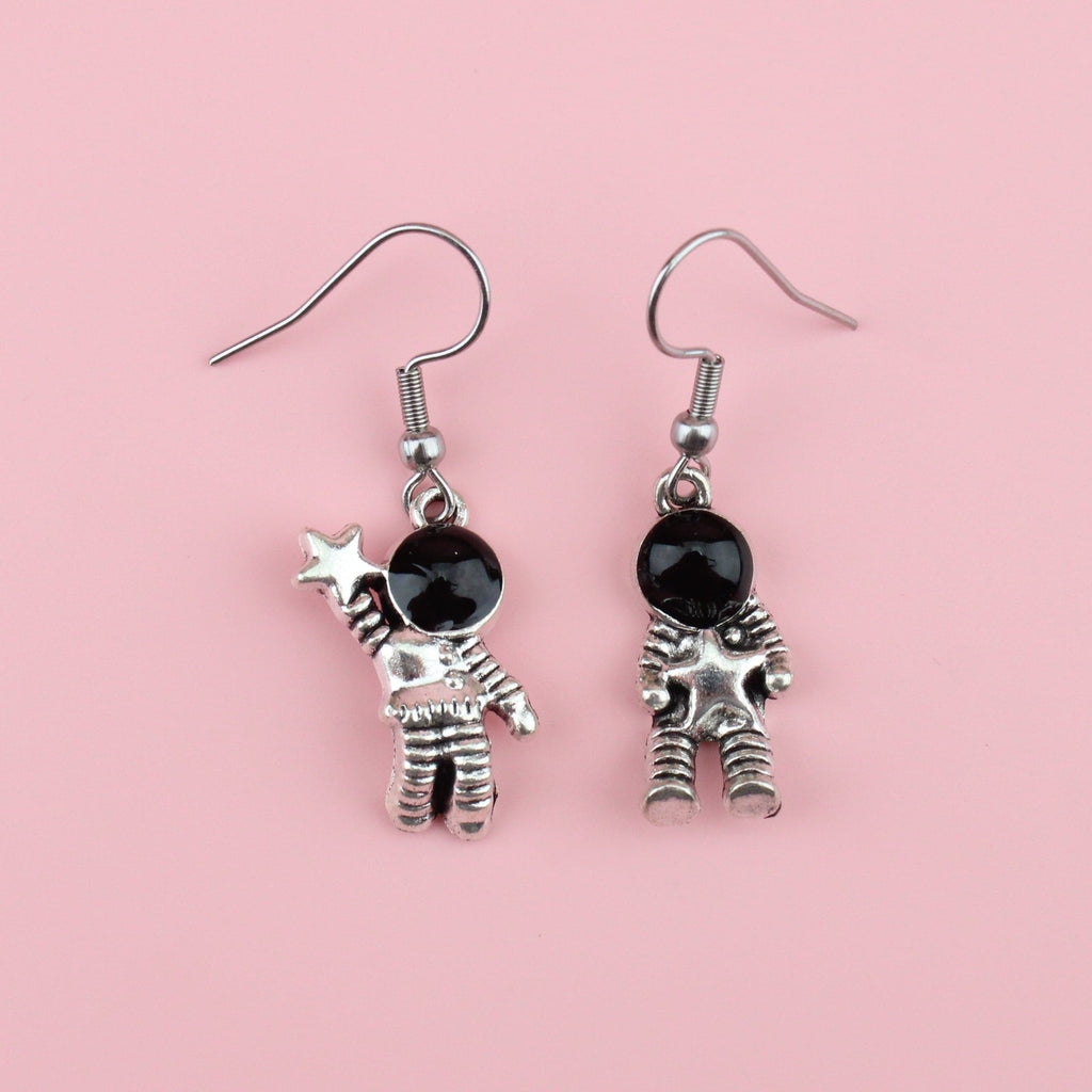 Silver plated astronaut charms on Stainless steel ear wires