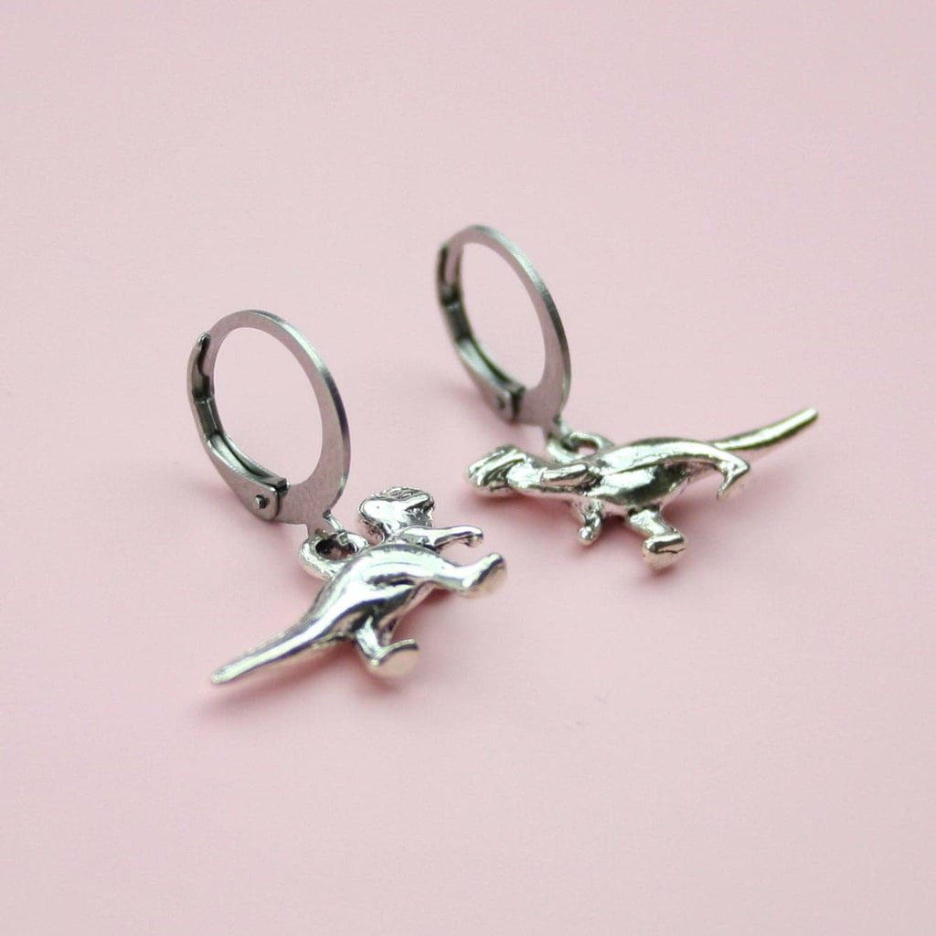 Stainless steel hoops with silver plated T-Rex charms