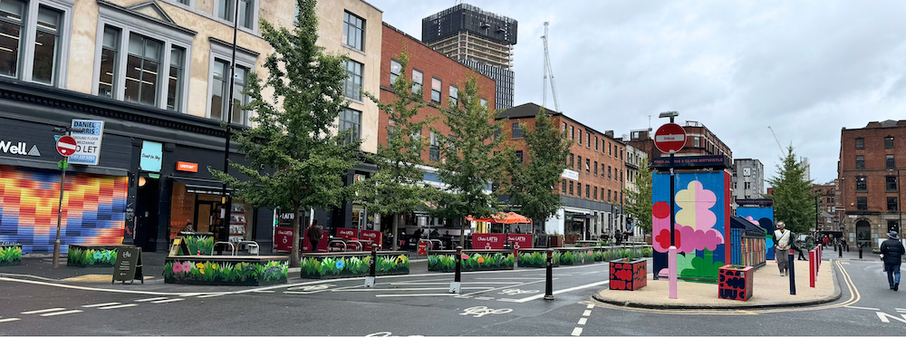 Buildings, shops, trees, 
