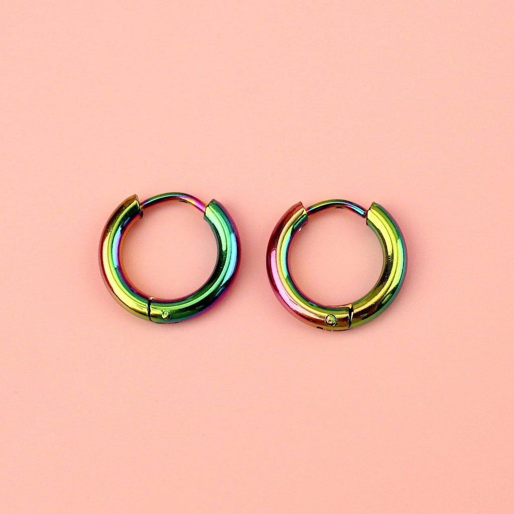 15mm Stainless Steel Hoops with a rainbow coloured  oil spill effect