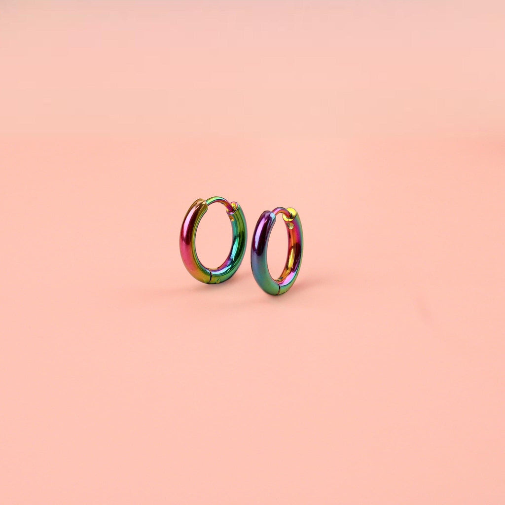 15mm Stainless Steel Hoops with a rainbow coloured oil spill effect