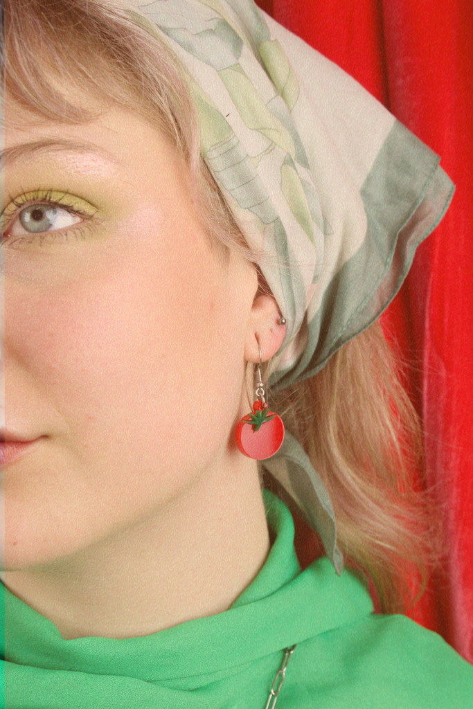 Model wearing Red acrylic tomato charms on stainless steel earwires with matching necklace