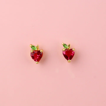 Apple shaped studs with red and green cubic zirconia and gold balls around the apple on gold plated base metal studs