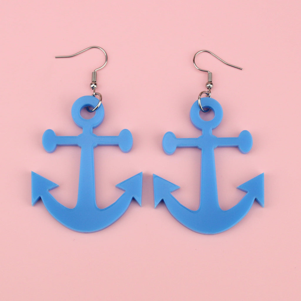 Blue perspex Anchor-shaped charms on stainless steel earwires