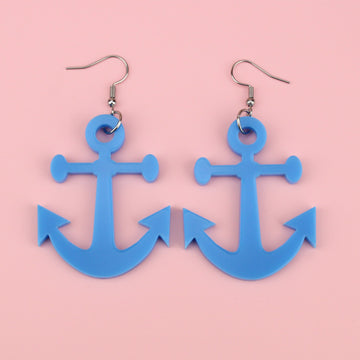 Blue perspex Anchor-shaped charms on stainless steel earwires