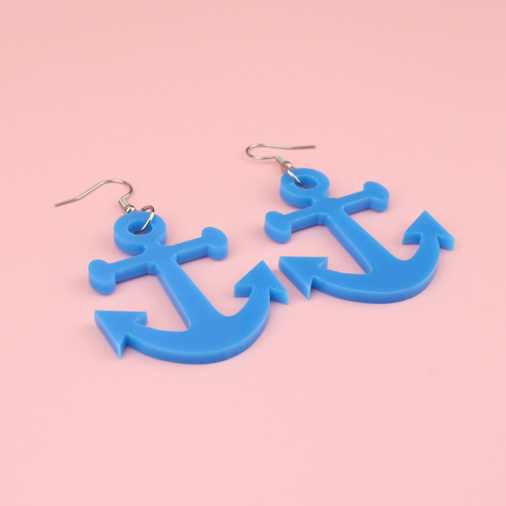 Blue perspex Anchor-shaped charms on stainless steel earwires
