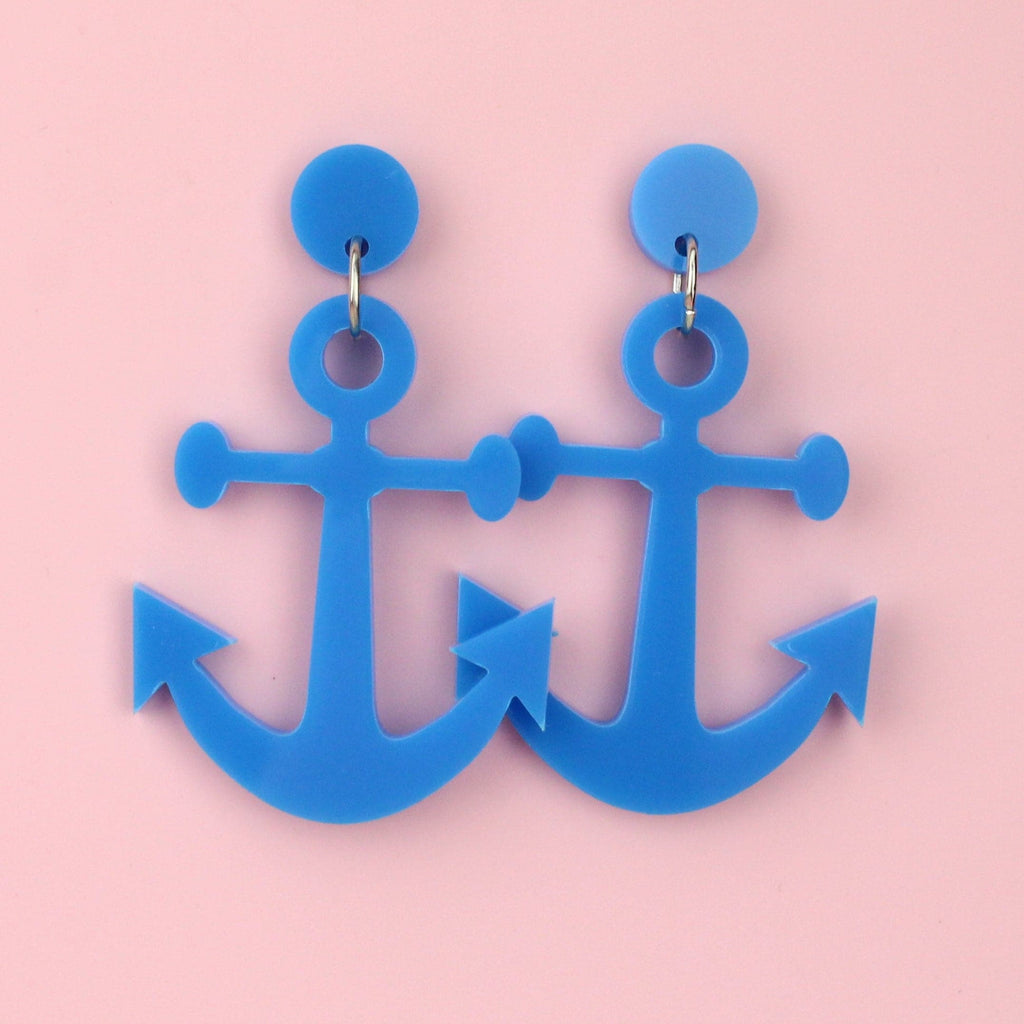 Anchor-shaped blue perspex charms on stainless steel studs
