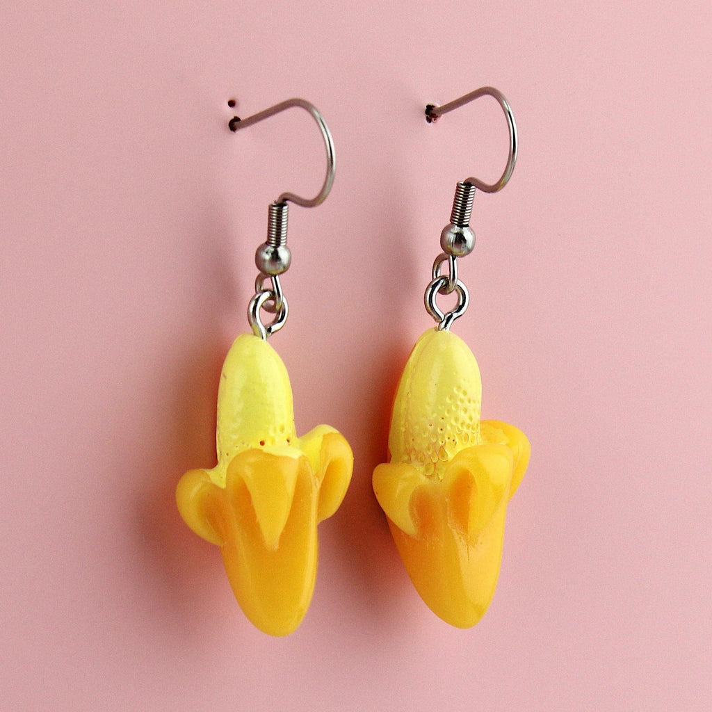 Half peeled resin banana charms on stainless steel earwires
