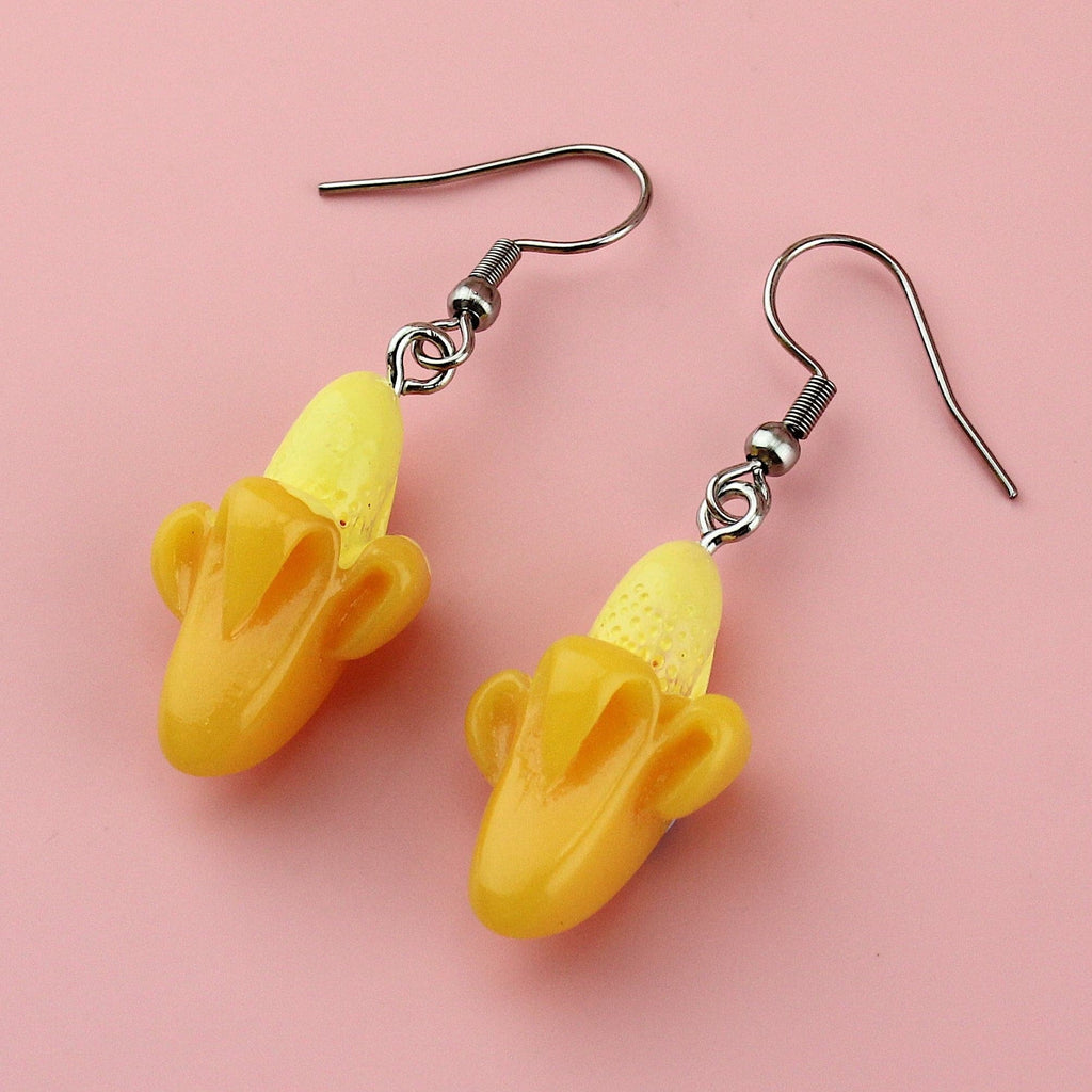 Half peeled resin banana charms on stainless steel earwires