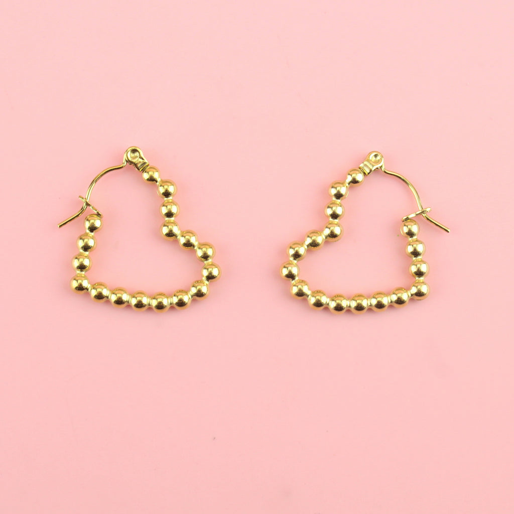 Heart shaped beaded hoop earrings with gold plating