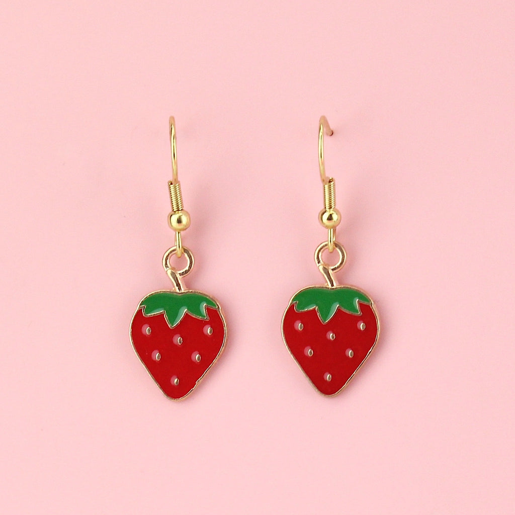 Enamel base metal strawberry charms on gold plated stainless steel earwires