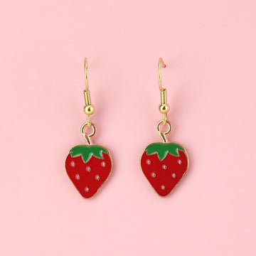 Enamel base metal strawberry charms on gold plated stainless steel earwires