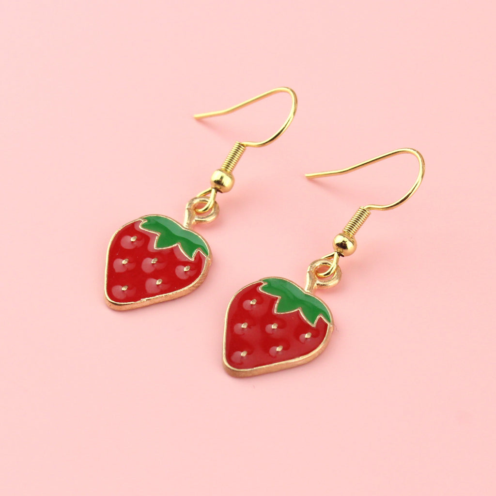 Enamel base metal strawberry charms on gold plated stainless steel earwires