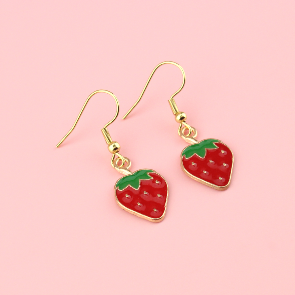 Enamel base metal strawberry charms on gold plated stainless steel earwires