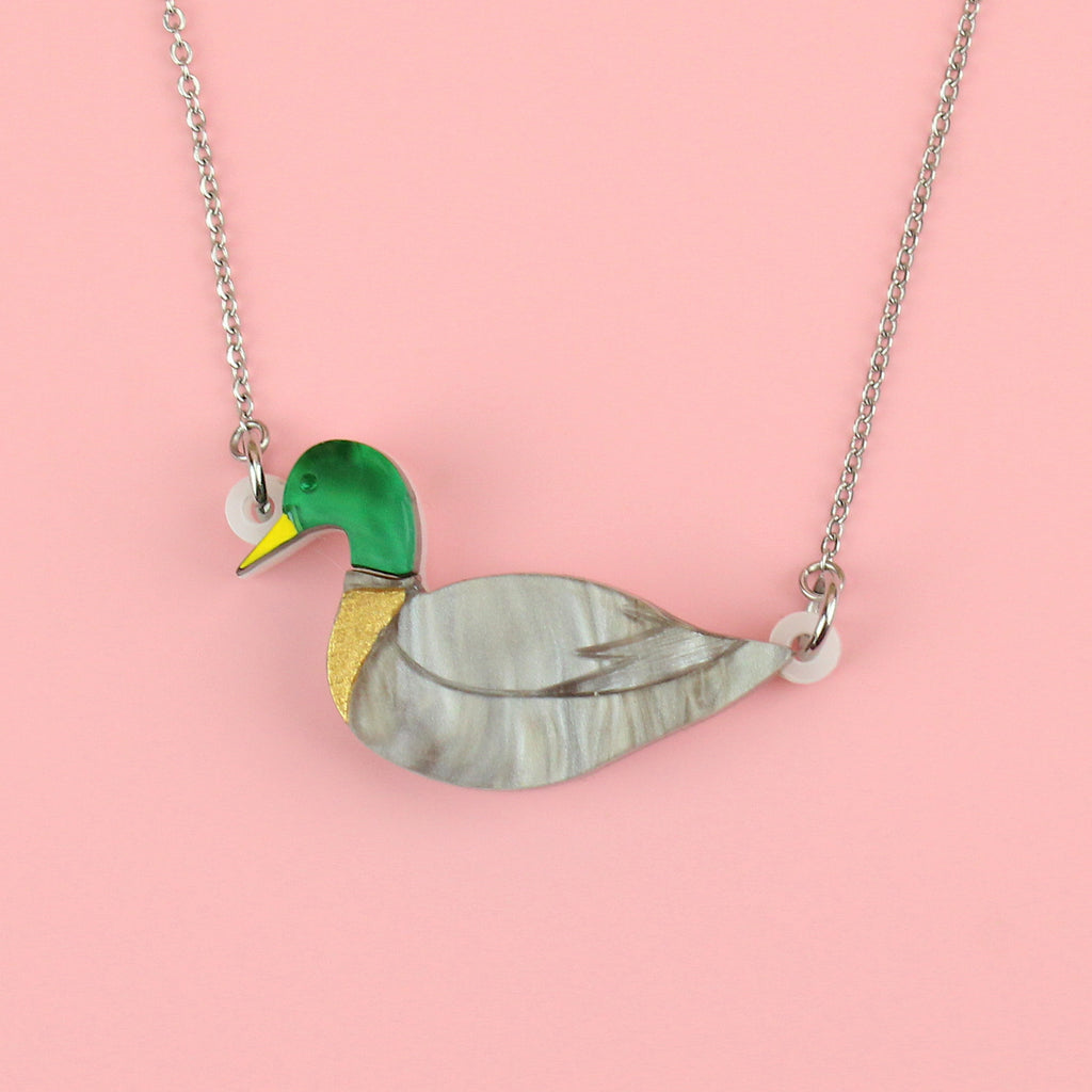 Mallard duck pendant on a stainless steel chain