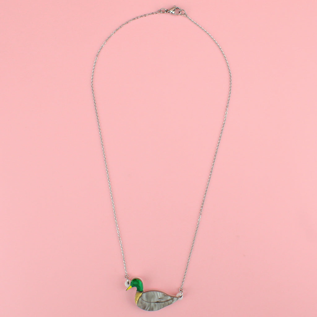 Mallard duck pendant on a stainless steel chain