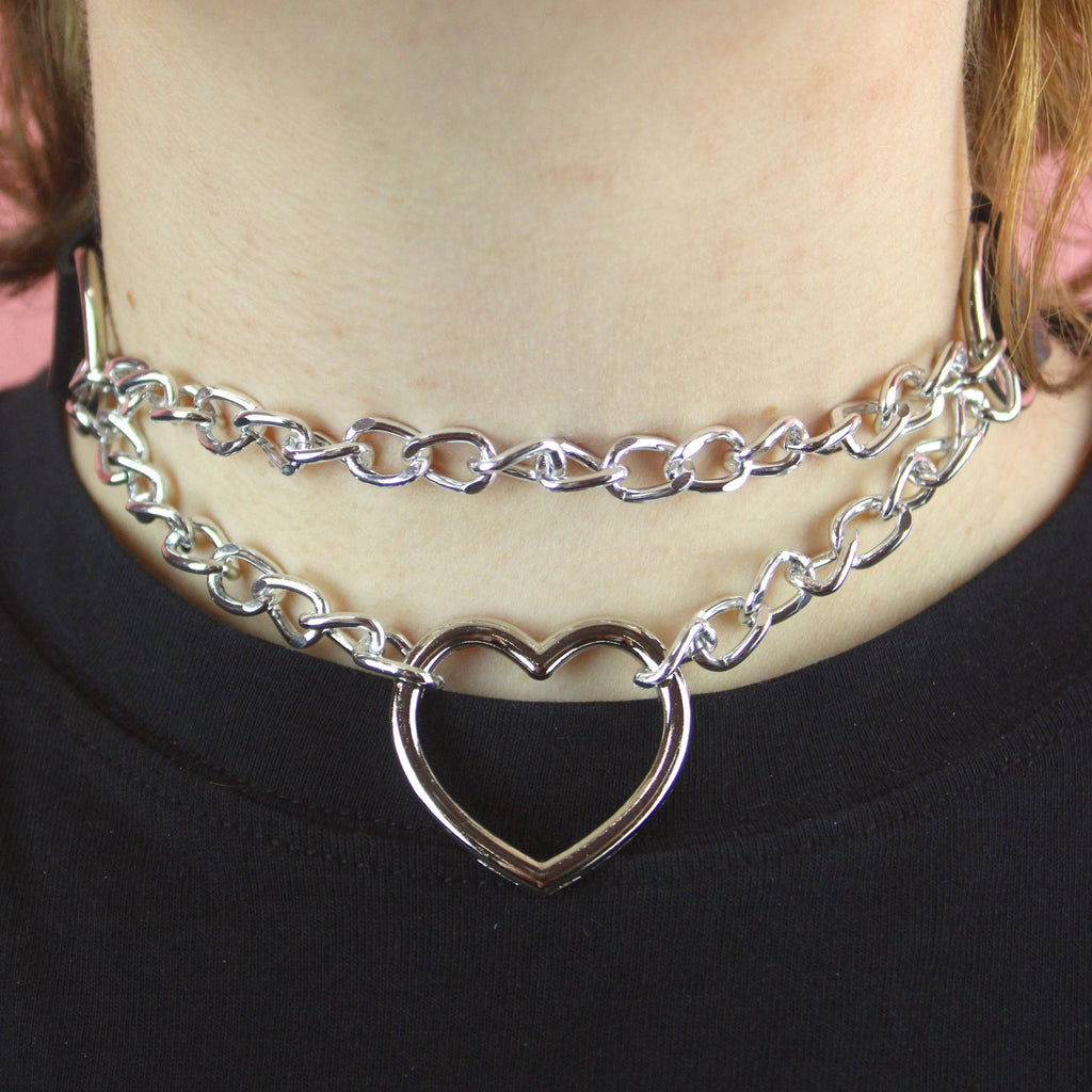 Black Double Chain Heart Choker - Sour Cherry