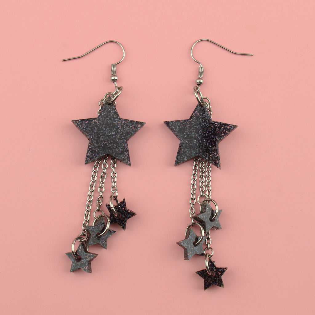 Black Glitter Shooting Star Earrings - Sour Cherry
