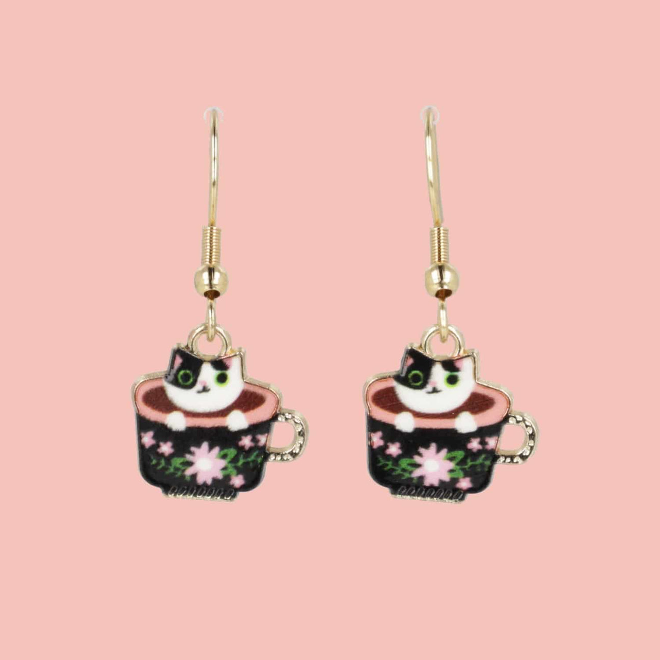 Black & White Teacup Cat Earrings - Sour Cherry